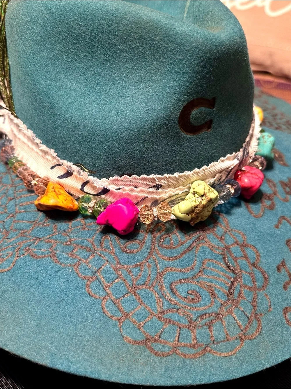 Charlie One Horse Paisley Burned Designed Dark Teal Felt Hat w/ Beaded ColorTrim